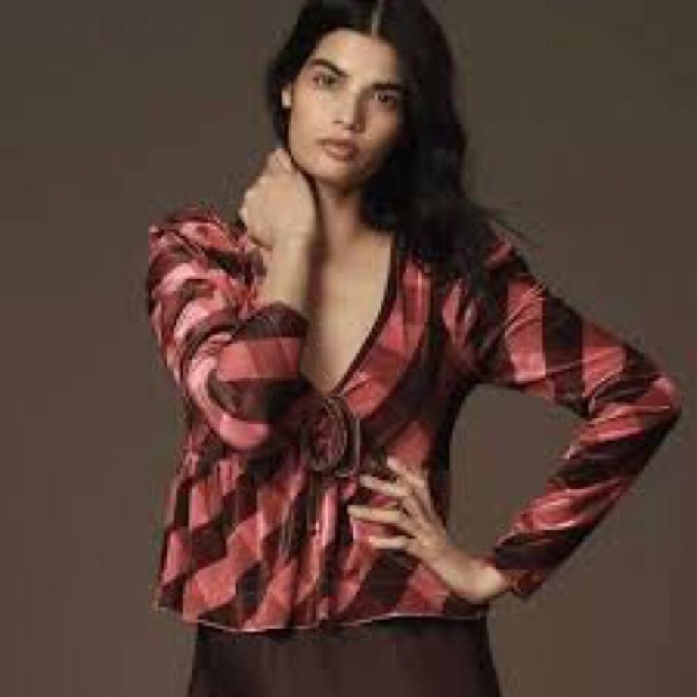 Anthropologie Maeve Pink Plaid Velvet Babydoll Top NEW XS